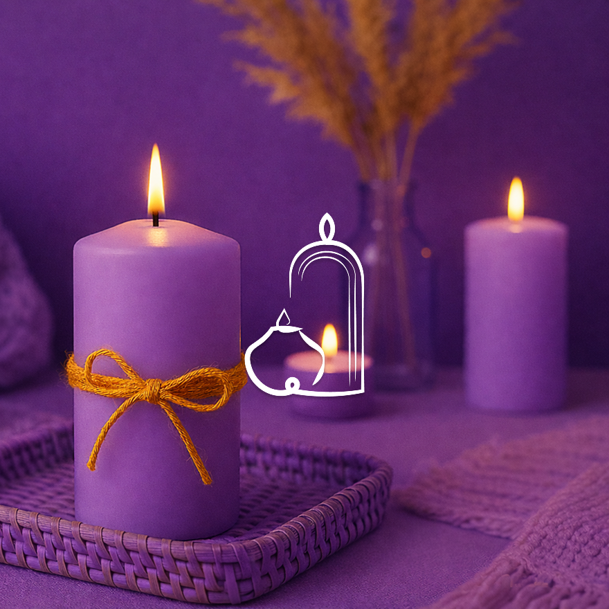 Image vignette de présentation du site Candle Light dans les tons violet et moutarde comportant des bougies et une illustration de bougies simplifiées