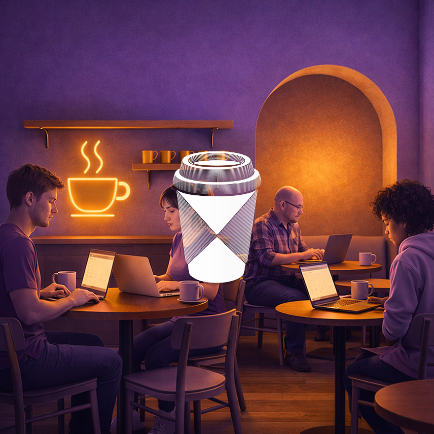 Image vignette de présentation du site CYFFEE dans les tons violet et moutarde représentant l'espace café avec une illustration de gobelet à café
