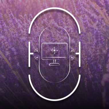 Image fleurie violette ornée d'un ovale inspiré du logo du site valorisant une illustration fine d'un écran de PC pour représenter les sites web en prestation de services